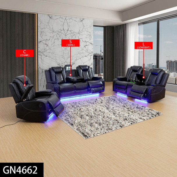 Black Breathable Leather 3-Piece Reclining Living Room Set with Sofa Loveseat