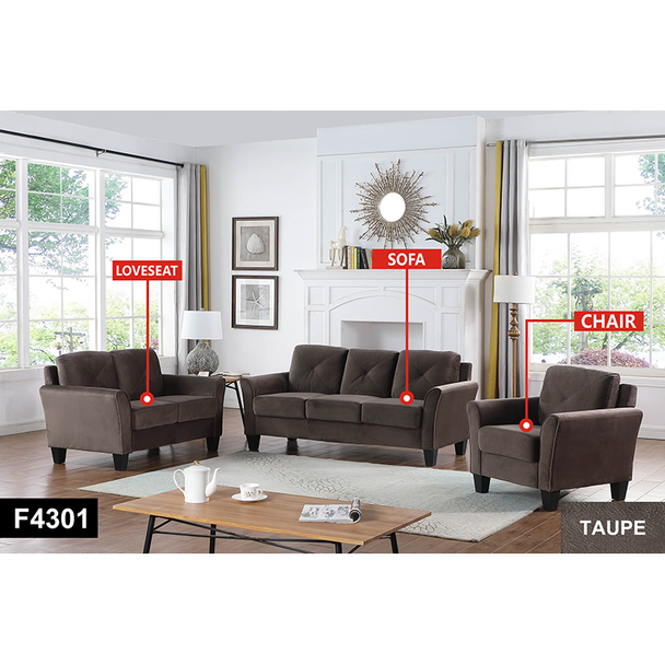 Taupe 3-Piece Flannel-Leather Living Room Set with Sofa Loveseat and Armchair