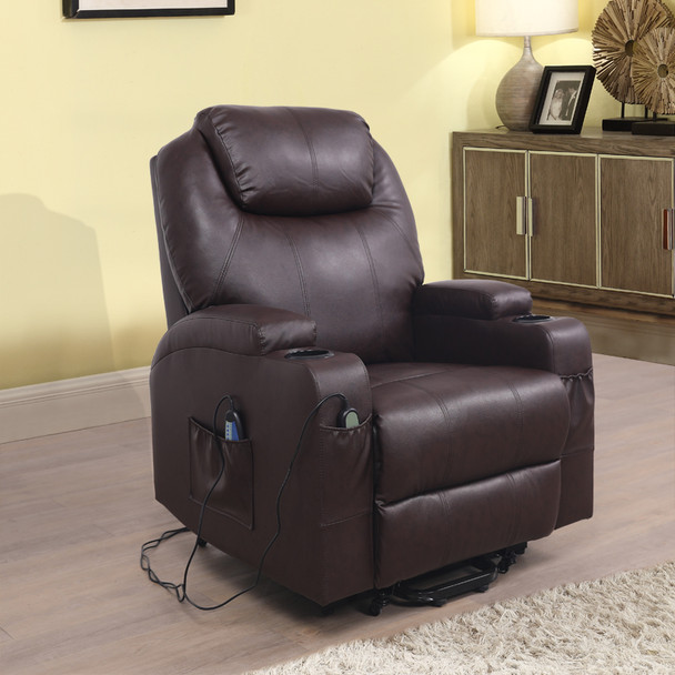 Brown Faux Leather Massage Recliner Chair with Cup Holders and Side Pockets