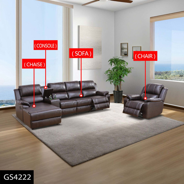 Brown 4-Piece Breathable Leather Reclining Sofa Set with Chaise Console