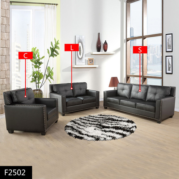 Black Faux Leather Sofa with Accent Chairs Ottomans and Supportive Cushioning