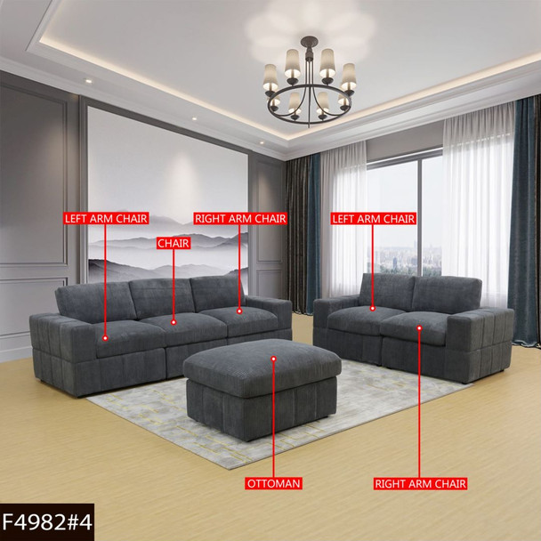 Dark Gray 6-Piece Corduroy Modular Living Room Set with Sofa Loveseat and Feet