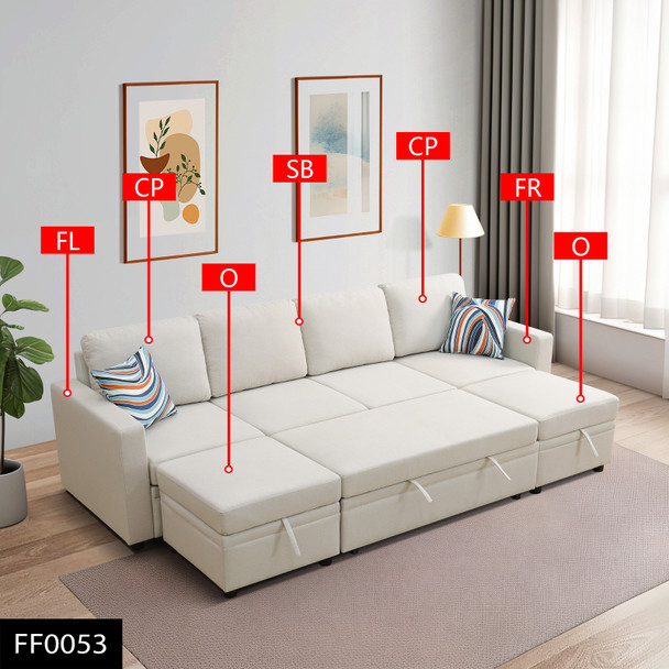 Off-White 6-Piece Sackcloth Modular Pull-Out Sleeper Sofa with Extendable