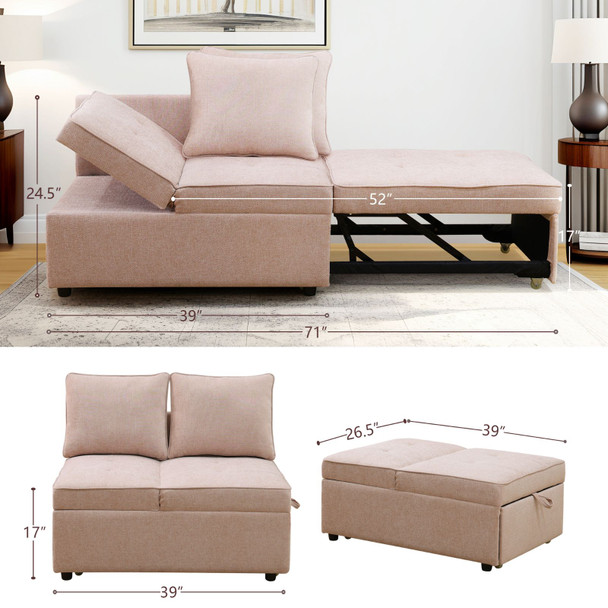 Pink Sackcloth Convertible Sleeper Sofa with Adjustable Backrest and Out Design