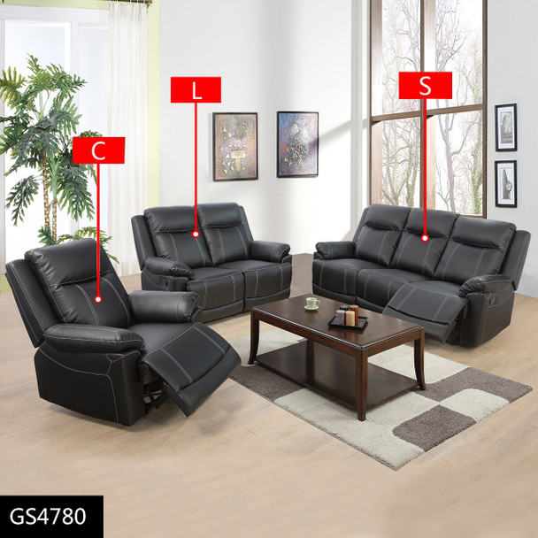 Black Semi-PU Synthetic Leather Sofa with Accent Chairs Ottomans and Padded Back
