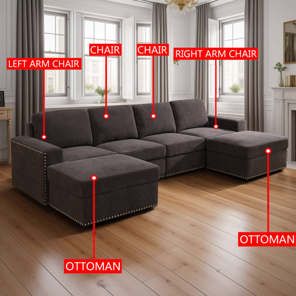 Brown 6-Piece Corduroy Modular Sofa Set with 2 Ottomans and Wide Track Arms