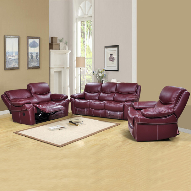 Claret 3-Piece Cow Leather Reclining Living Room Set with Sofa Loveseat