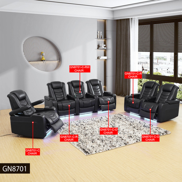 Dark Blue 6-Piece Top-Grain Leather Power Reclining Theater Seating Set with LED