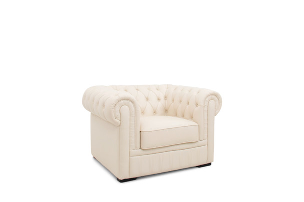 White Leather Single-Seat Sofa with Padded Back and Wide Arms and Coffee Table