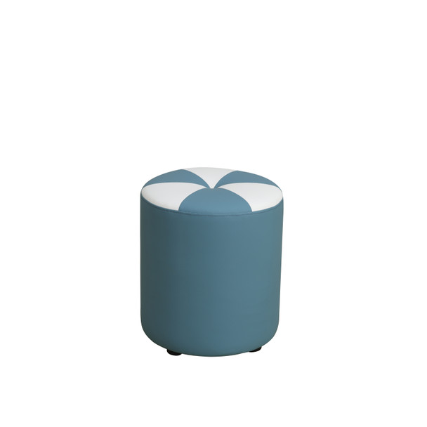 Lake Blue and Beige Cat-Scratch Leather Round Stool with Pinwheel Cushion