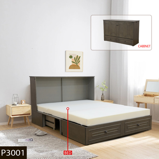 68-Inch Brown Wood Storage Bed with Headboard Cabinet and Underbed Drawers