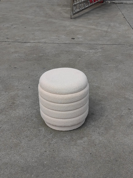 Cream Boucle Round Footstool with Layered Ribbed Design and Contemporary Profile
