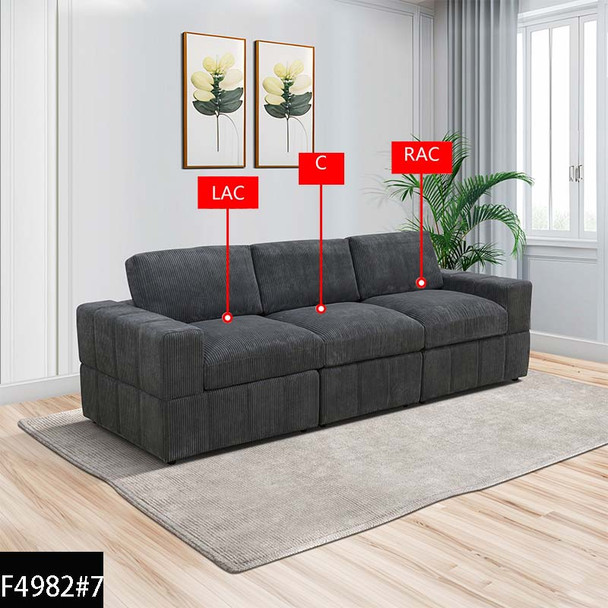 Dark Gray 3-Piece Corduroy Modular Sofa with Double Track Arms and Deep Cushions