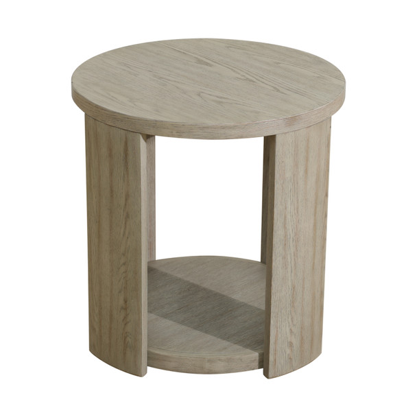 Walnut MDF and Oak Round Side Table with Lower Shelf and Integrated Drawer Shelf