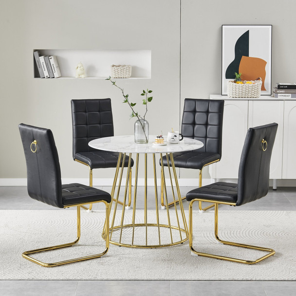 White Gold Glass Top Round Dining Table with Metal Base