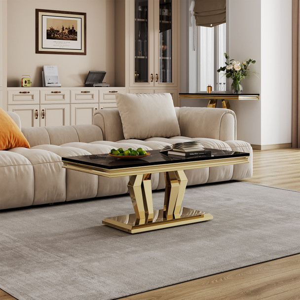 Gold White Stone-Look MDF Coffee Table