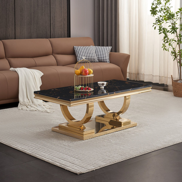 Black Gold Stone-Look MDF Coffee Table with Metal Base