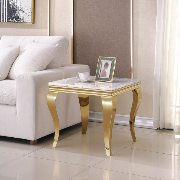 White Gold Stone-Look MDF End Table with Metal Base