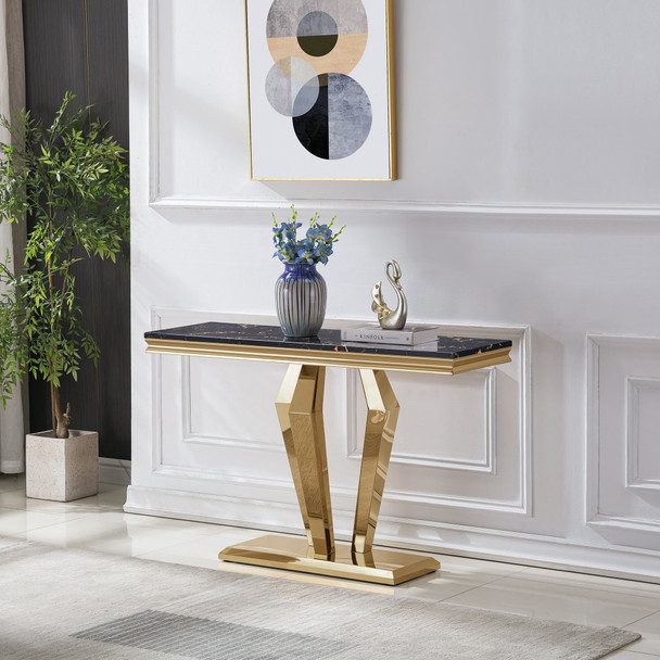 Gold White Stone-Look MDF Console Table