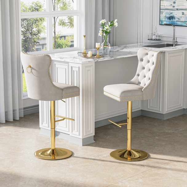 White Silver Modern Velvet Upholstered Bar Stool Set of 2