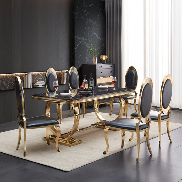 Black Gold Stone-Look MDF Rectangular Dining Table