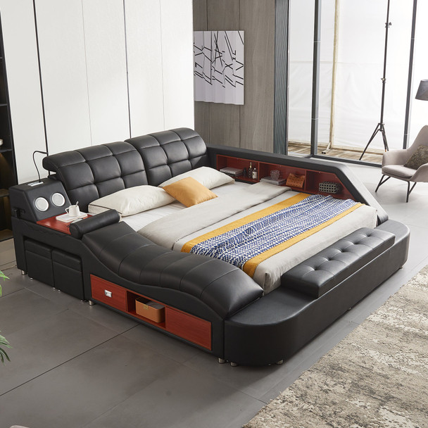 Grey Leather Upholstered Queen Storage Bed