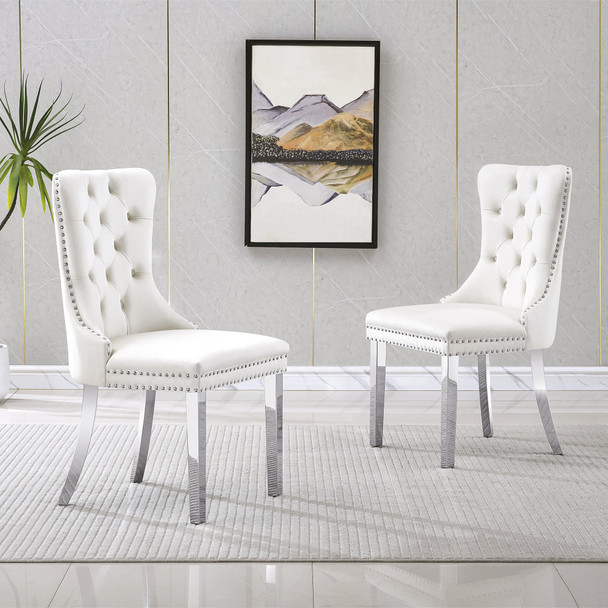 White Silver Velvet Upholstered Dining Chair Set of 2