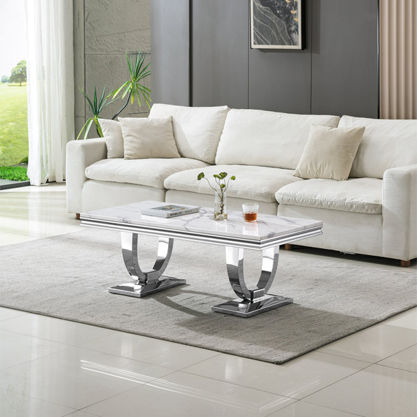 White Silver Genuine Marble Coffee Table