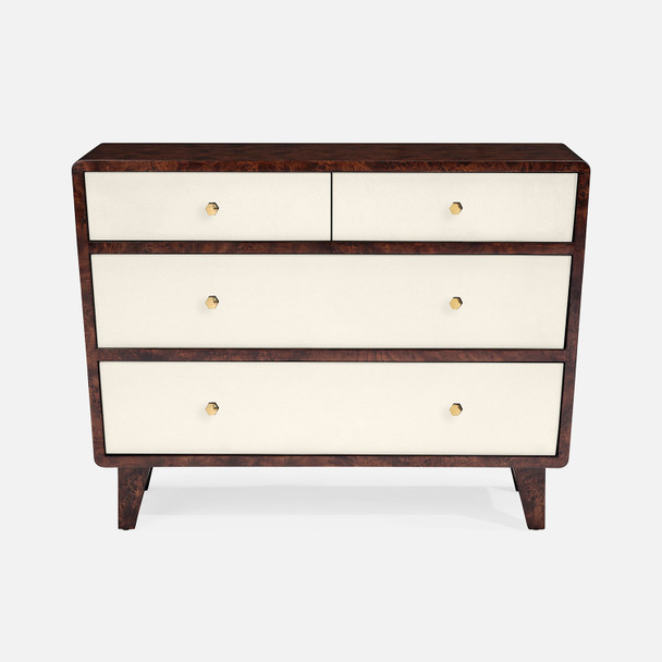 Frederick 48-Inch Dresser - White Faux Belgian Linen and Burnt Umber Mappa Burl