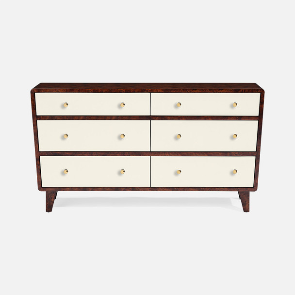 Frederick 60-Inch Dresser - White Faux Belgian Linen and Burnt Umber Mappa Burl