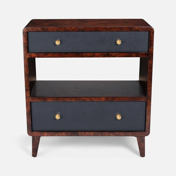 Frederick 30-Inch Nightstand - Dark Navy Faux Belgian Linen and Burnt Umber Mappa Burl