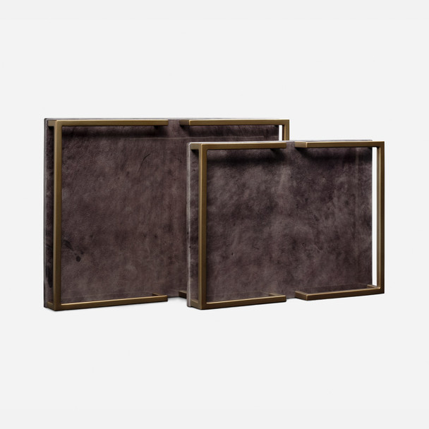 Benedict 216-Piece Tray Set - Charcoal Gloss Vellum Leather and Antiqued Brass Metal - Set Of