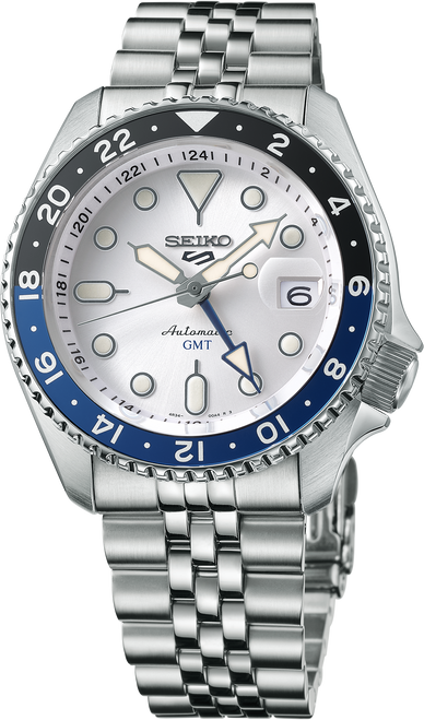 Seiko 5 Sports SSK033 automatic GMT watch, 42.5 mm stainless steel case, silver sunray dial, luminous hands, blue GMT hand, blue/black bezel, metal bracelet. Seiko 5 Sports SSK033 automatic GMT watch, 42.5 mm stainless steel case, silver sunray dial, luminous hands, blue GMT hand, blue/black bezel, metal bracelet.
