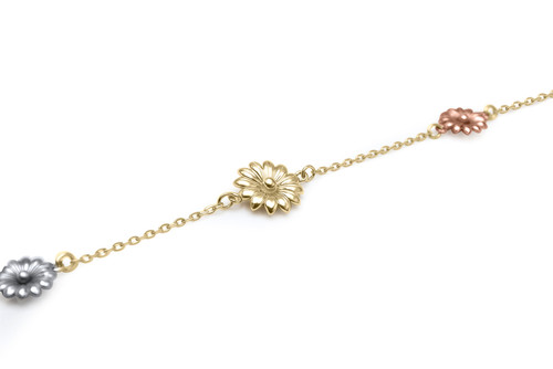 14k TRI-COLOR DAISY FLOWER CABLE BRACELET - 7.5"