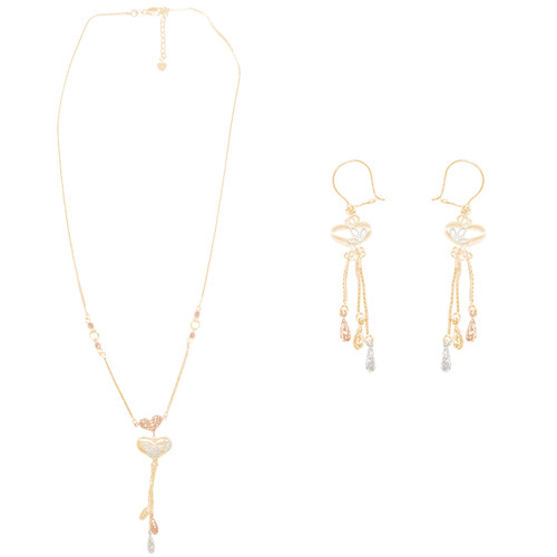 Tricolor Gold adjustable length Necklace and Earrings Set - Hearts - 16 in. - 14K - CLR120 Tricolor Gold adjustable length Necklace and Earrings Set - Hearts - 16 in. - 14K - CLR120