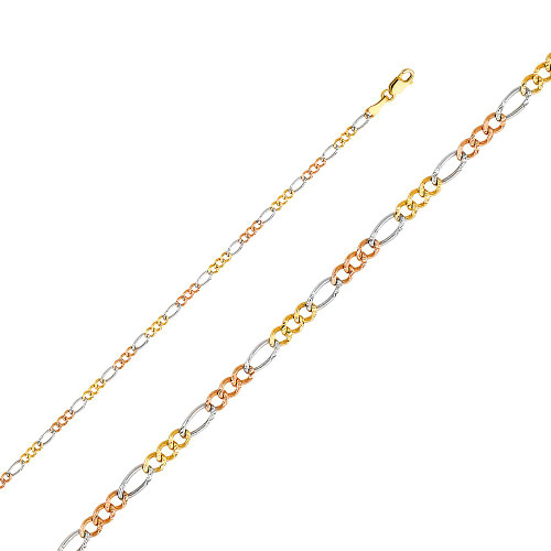 14kt 3mm Semi-Solid Tri-Color Figaro Chain - 20"