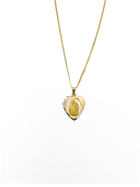 14kt Italian Made Open Cuban Chain with Large Tri-Color Heart Shaped Virgin Mary Pendant - 22"