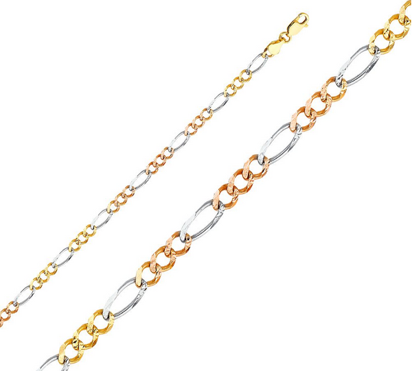 14kt 4mm Semi-Solid Tri-Color Figaro Chain - 22"