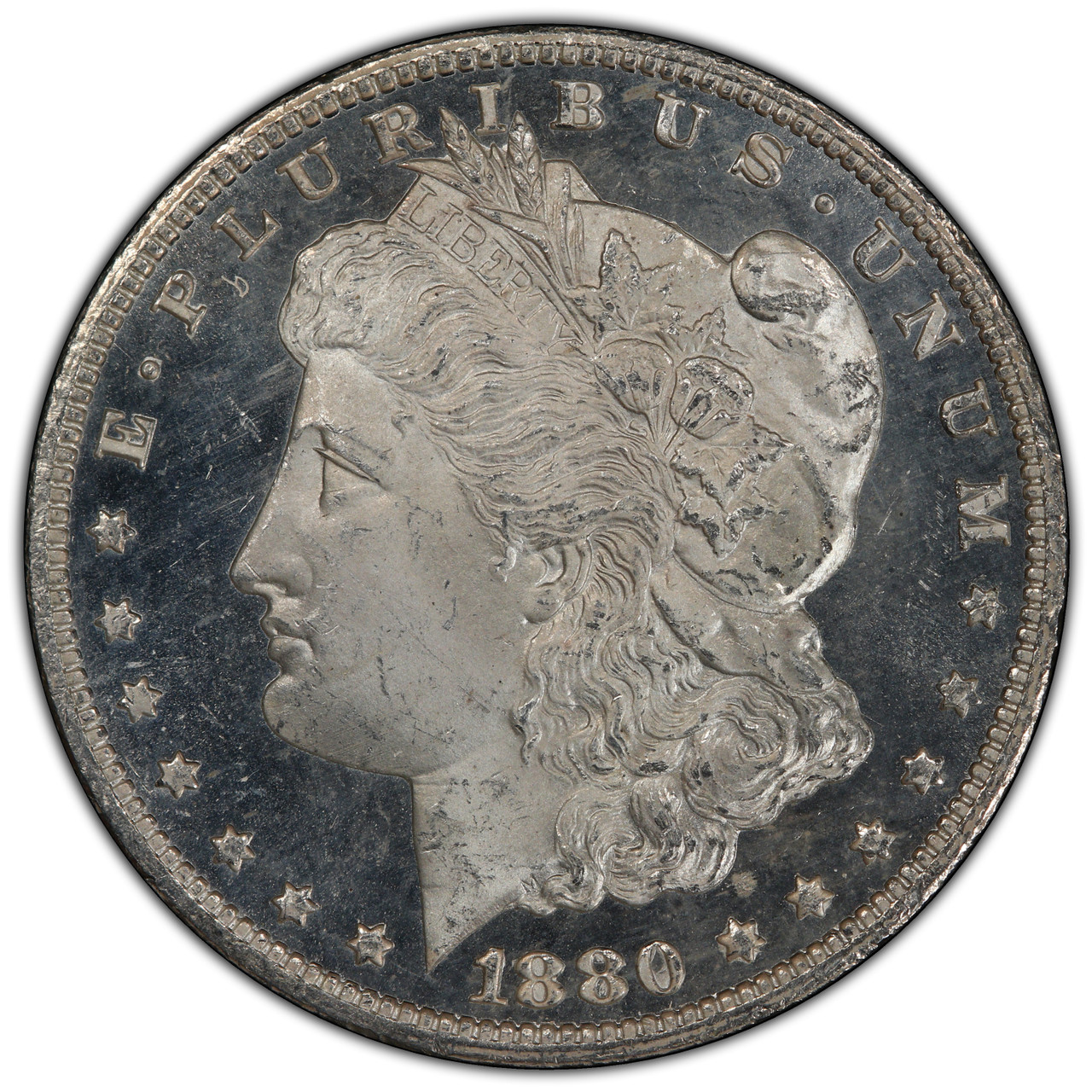 1880/79 cc Dmpl Morgan Dollar;PCGS MS-64+DMPL. A BLACK AND WHITE DEEP,