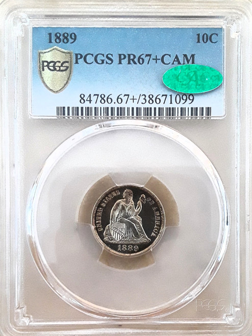 1889 10c SUPERB GEM + CAMEO PCGS PR-67+CAM CAC CERTIFIED.  TOP POP CAMEO, POP 4/0