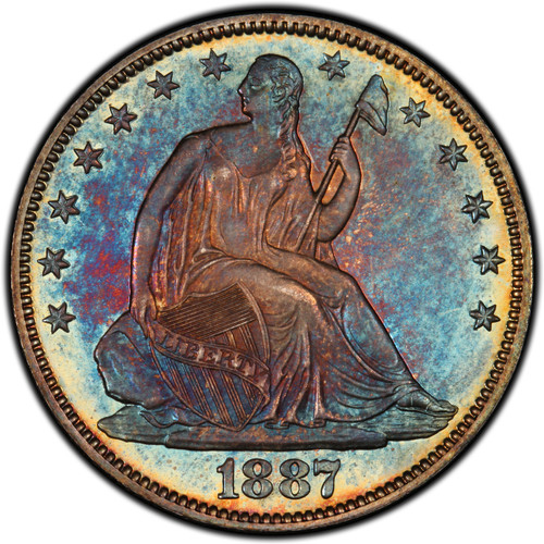 1887 50c TOP POP Seated Liberty Half Dollar PCGS and CAC PR-67+. *GORGEOUS TOP POP* COLOR × 2 SIDES