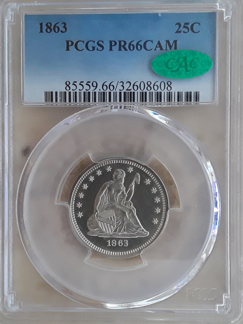 1863 25c SEATED LIBERTY PROOF QUARTER PCGS PR-66CAM CAC! GORGEOUS BLACK AND WHITE!