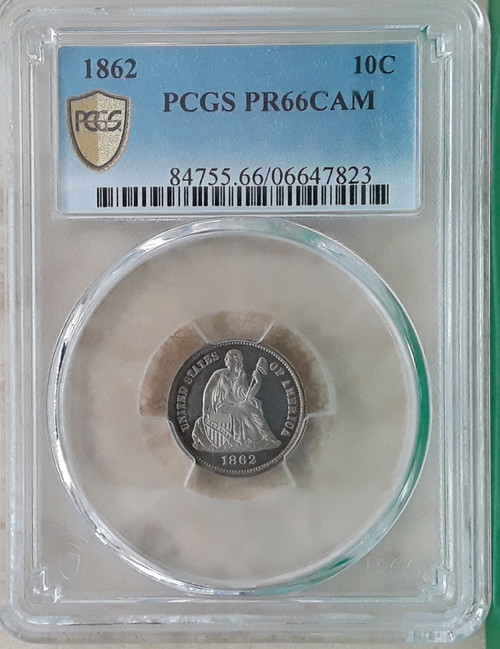 1862 10c PCGS PR-66CAM,TOP POP SEATED LIBERTY PROOF DIME.