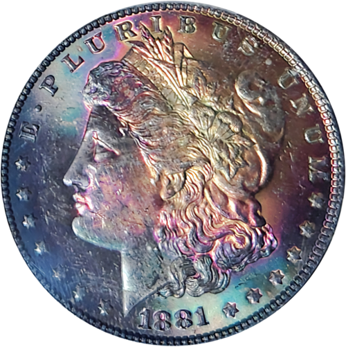 1881 $1  PCGS MS-65,DUAL SIDED, FULL BLOWN RAINBOW TONED MORGAN DOLLAR. 1881 $1  PCGS MS-65,DUAL SIDED, FULL BLOWN RAINBOW TONED MORGAN DOLLAR.