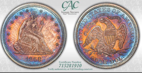 1868 25c CACG PR-66 BEAUTIFULLY TONED SEATED LIBERTY PROOF QUARTER. 1868 25c CACG PR-66 BEAUTIFULLY TONED SEATED LIBERTY PROOF QUARTER.