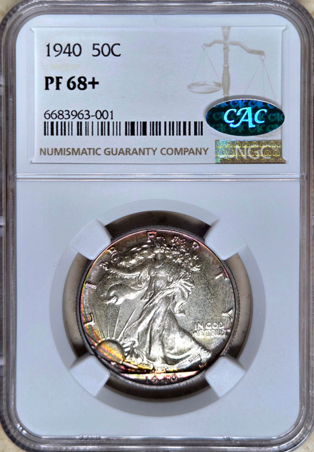 1940 50c Rainbow toned Rim NGC & CAC PR-68+ Proof Walking Liberty Half Dollar. GORGEOUS