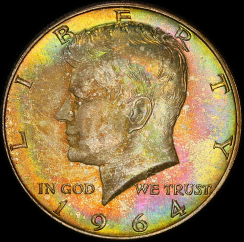 1964 D 50c Rainbow toned Kennedy Half Dollar PCGS MS-66. DUAL SIDED RAINBOW TONED BEAUTY!