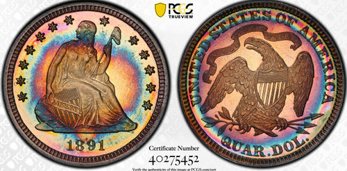1891 25c SUPERB+++ PROOF PCGS PR-68 CAMEO. RAINBOW TONED SUPERB ULTRA GEM+++,EX;NEWMAN,SIMPSON,HANSEN. ONE OF THE FINEST KNOWN AT ALL TPGS!
