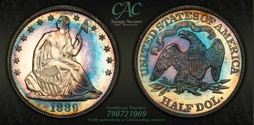 1889 50c Rainbow Toned CACG PR-66+ CAMEO, GORGEOUS!