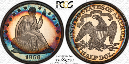 1866 50c PCGS PR-66+CAM EX; HANSEN, BENSON, CHRISMORE COLLECTIONS.